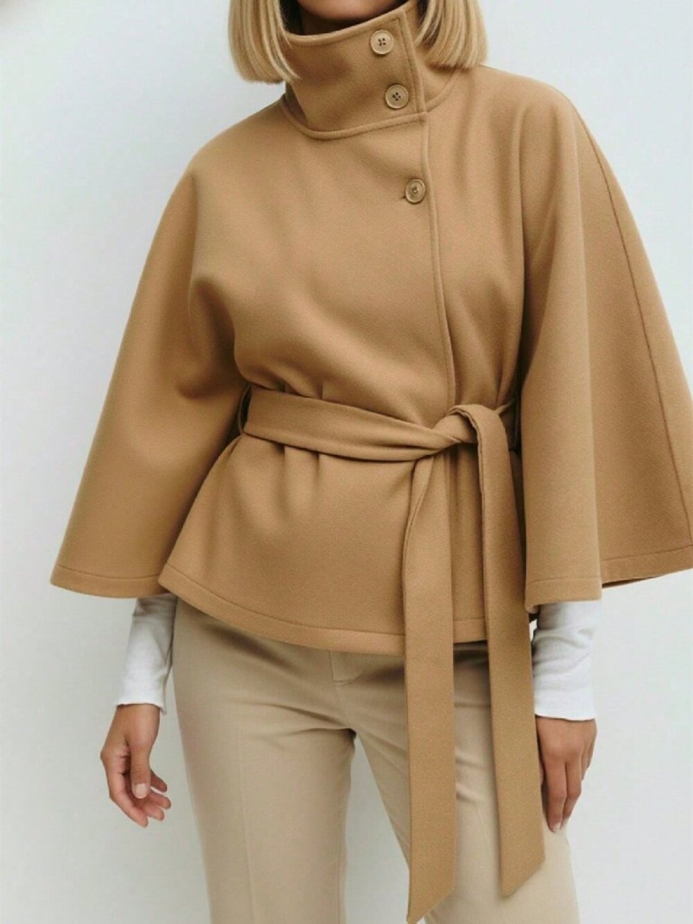 Khaki Casual Women's Elegant Cape Coat With Stand Collar And Waist Belt